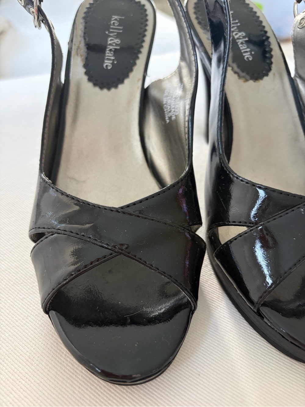 Kelly & Katie Black Patent Open-Toe Slingback Heels with Cross Strap
